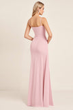 Candy Pink Mermaid Spaghetti Straps Ruched Satin Long Bridesmaid Dress