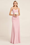 Candy Pink Mermaid Spaghetti Straps Ruched Satin Long Bridesmaid Dress