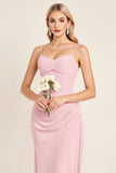 Candy Pink Mermaid Spaghetti Straps Ruched Satin Long Bridesmaid Dress