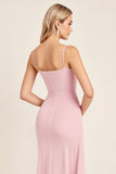 Candy Pink Mermaid Spaghetti Straps Ruched Satin Long Bridesmaid Dress