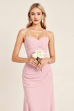 Candy Pink Mermaid Spaghetti Straps Ruched Satin Long Bridesmaid Dress