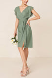 Eucalyptus Wrap V-Neck Ruffle Chiffon Midi Bridesmaid Dress