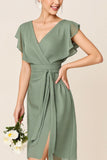Eucalyptus Wrap V-Neck Ruffle Chiffon Midi Bridesmaid Dress