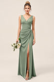 Eucalyptus Sheath V-Neck Ruched Long Bridesmaid Dress with Slit
