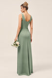 Eucalyptus Sheath V-Neck Ruched Long Bridesmaid Dress with Slit