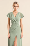 Matcha Sheath V-Neck Ruffle Sleeves Long Bridesmaid Dress with Slit