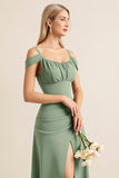 Eucalyptus Sheath Cold Shoulder Ruched Long Bridesmaid Dress with Slit