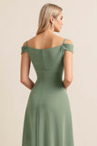 Eucalyptus Sheath Cold Shoulder Ruched Long Bridesmaid Dress with Slit