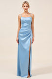 Dusty Blue Sheath Spaghetti Straps Ruched Long Bridesmaid Dress with Slit