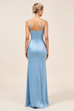 Dusty Blue Sheath Spaghetti Straps Ruched Long Bridesmaid Dress with Slit