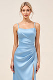 Dusty Blue Sheath Spaghetti Straps Ruched Long Bridesmaid Dress with Slit
