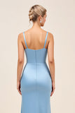 Dusty Blue Sheath Spaghetti Straps Ruched Long Bridesmaid Dress with Slit