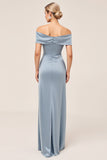 Dusty Blue Sheath Off the Shoulder Ruched Satin Long Bridesmaid Dress with Slit