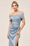 Dusty Blue Sheath Off the Shoulder Ruched Satin Long Bridesmaid Dress with Slit