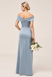 Dusty Blue Sheath Off the Shoulder Ruched Satin Long Bridesmaid Dress with Slit