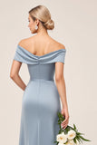 Dusty Blue Sheath Off the Shoulder Ruched Satin Long Bridesmaid Dress with Slit