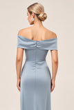 Dusty Blue Sheath Off the Shoulder Ruched Satin Long Bridesmaid Dress with Slit