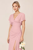 Candy Pink Sheath V Neck Ruffle Sleeves Ruched Long Bridesmaid Dress with Slit