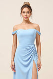 Sky Blue Sheath Off the Shoulder Ruched Long Bridesmaid Dress with Slit