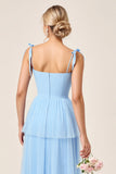 Sky Blue Tulle A Line Long Bridesmaid Dress with Slit