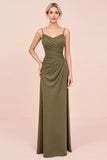 Olive Spaghetti Straps Sheath Ruched Long Bridesmaid Dress