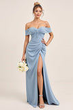 Off The Shoulder Dusty Blue Chiffon Long Bridesmaid Dress with Slit