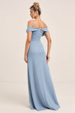 Off The Shoulder Dusty Blue Chiffon Long Bridesmaid Dress with Slit