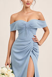 Off The Shoulder Dusty Blue Chiffon Long Bridesmaid Dress with Slit