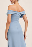 Off The Shoulder Dusty Blue Chiffon Long Bridesmaid Dress with Slit