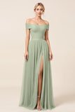 Off The Shoulder A Line Matcha Tulle Long Bridesmaid Dress with Slit