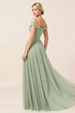 Off The Shoulder A Line Matcha Tulle Long Bridesmaid Dress with Slit