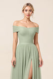Off The Shoulder A Line Matcha Tulle Long Bridesmaid Dress with Slit