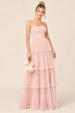 Candy Pink Strapless Tiered Ruffled Long Bridesmaid Dress