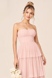 Candy Pink Strapless Tiered Ruffled Long Bridesmaid Dress
