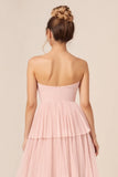 Candy Pink Strapless Tiered Ruffled Long Bridesmaid Dress