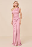 One Shoulder Satin Blush Pink Long Bridesmaid Dress with Slit