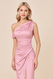 One Shoulder Satin Blush Pink Long Bridesmaid Dress with Slit