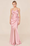 Blush Pink Satin Spaghetti Straps Long Brideamaid Dress with Slit