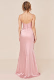 Blush Pink Satin Spaghetti Straps Long Brideamaid Dress with Slit