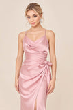 Blush Pink Satin Spaghetti Straps Long Brideamaid Dress with Slit