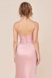Blush Pink Satin Spaghetti Straps Long Brideamaid Dress with Slit