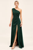 Pine Ruched One Shoulder Long Bridesmaid Dress with Slit