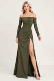 Olive Ruched Off The Shoulder Long Bridesmaid Dress with Long Sleeves