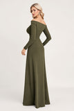 Olive Ruched Off The Shoulder Long Bridesmaid Dress with Long Sleeves