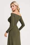 Olive Ruched Off The Shoulder Long Bridesmaid Dress with Long Sleeves
