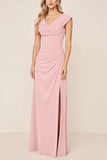 Candy Pink Chiffon Cowl Neck Long Bridesmaid Dress with Slit