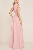 Candy Pink Chiffon Cowl Neck Long Bridesmaid Dress with Slit