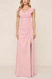 Candy Pink Chiffon Cowl Neck Long Bridesmaid Dress with Slit