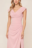 Candy Pink Chiffon Cowl Neck Long Bridesmaid Dress with Slit