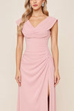 Candy Pink Chiffon Cowl Neck Long Bridesmaid Dress with Slit